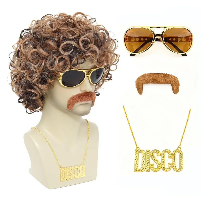 70s 80s Disco Costume Wig Set-Afro Curly Wig with Mustache Sunglasses & Disco Necklace,Halloween Party Cosplay Outfit Accessory view 6