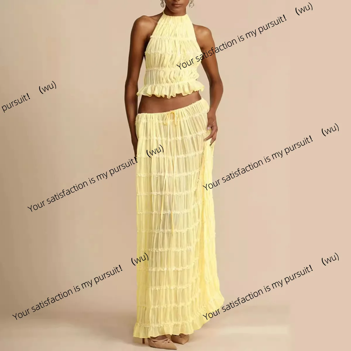 

Весна и лето 2025 года, новая европейская и американская мода и сексуальный комплект с открытой спиной и шейным ремнем, кружевной жилет, длинное платье