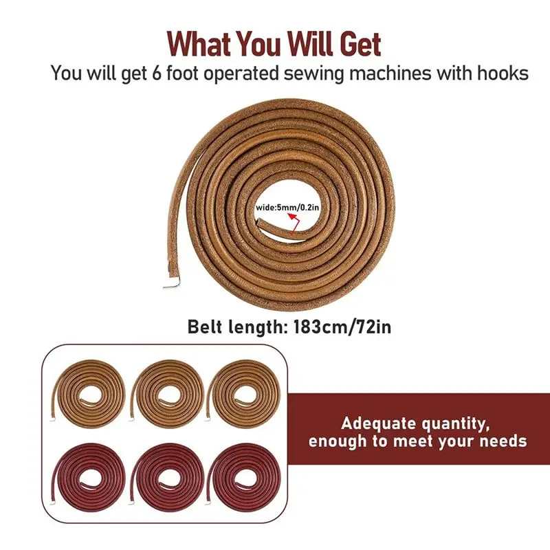 Innovative 6PCS Treadle Sewing Machine Belt, 72 Inch 3/16 Inch Replacement Leather Belt With Hook For Singer/Jones Sewing