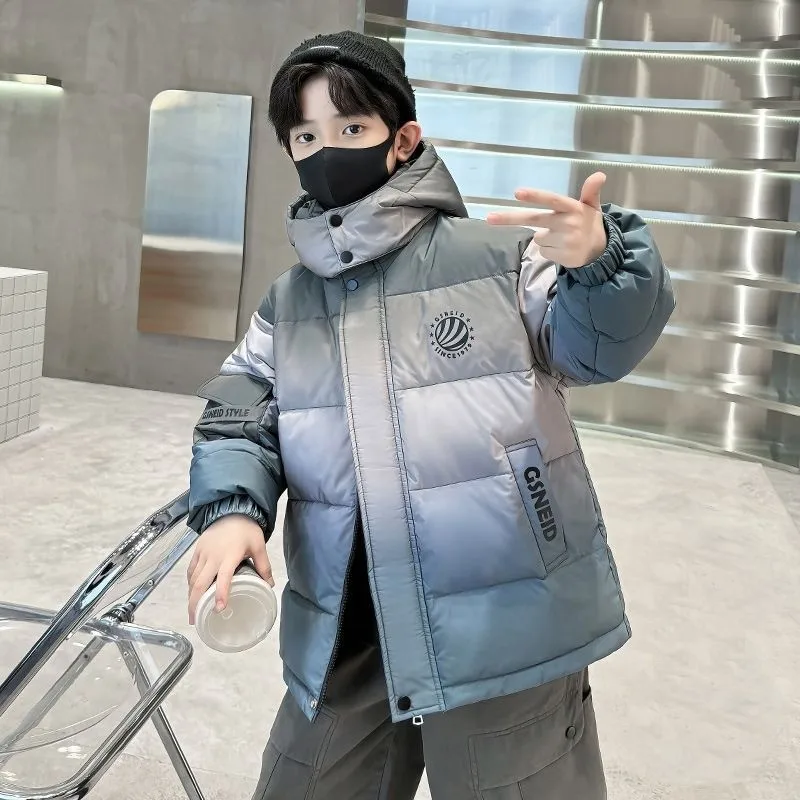 

Winter Warm Boys Contrast Hooded Zip Puffer Jackets School Kids Therme Parka Children Thick Windproof Snow Coat Outfit 5-16Years