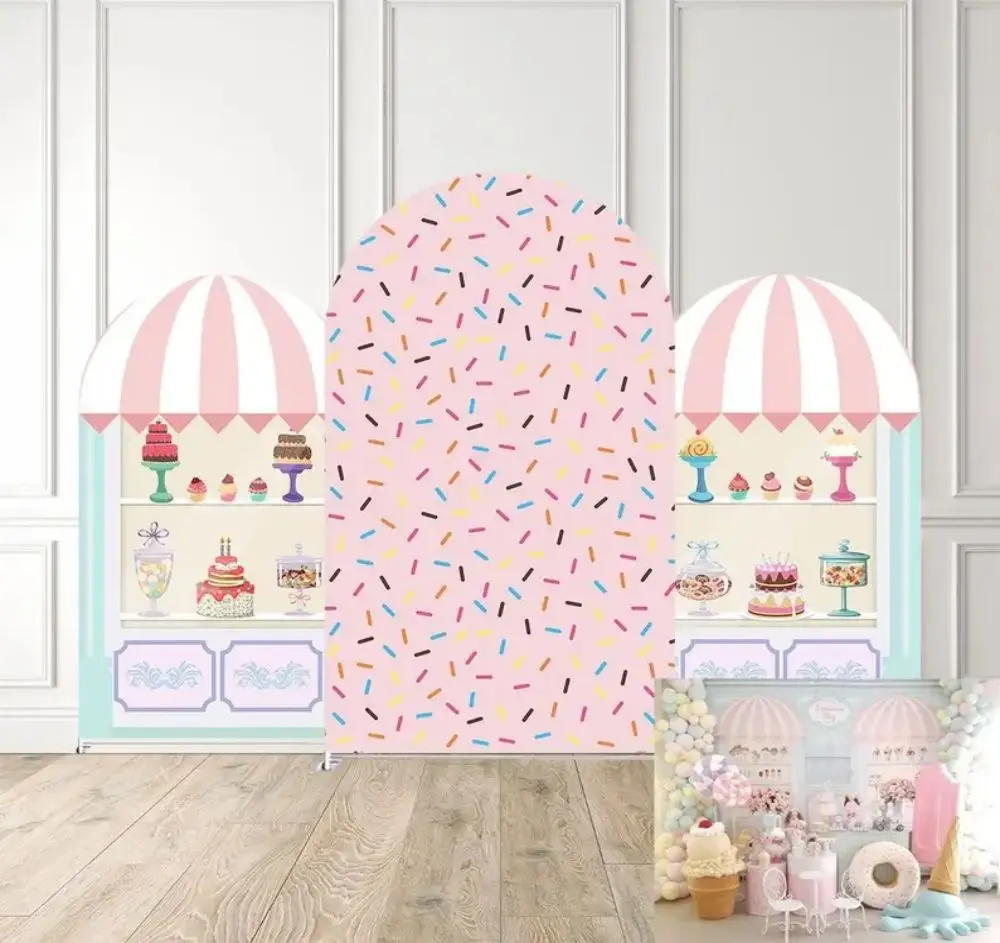 Candy Store Bonbon gewölbter Hintergrund, Kindergeburtstagsparty-Dekoration, rosa Baby-Geschenk-Party-Fotografie-Hintergrund