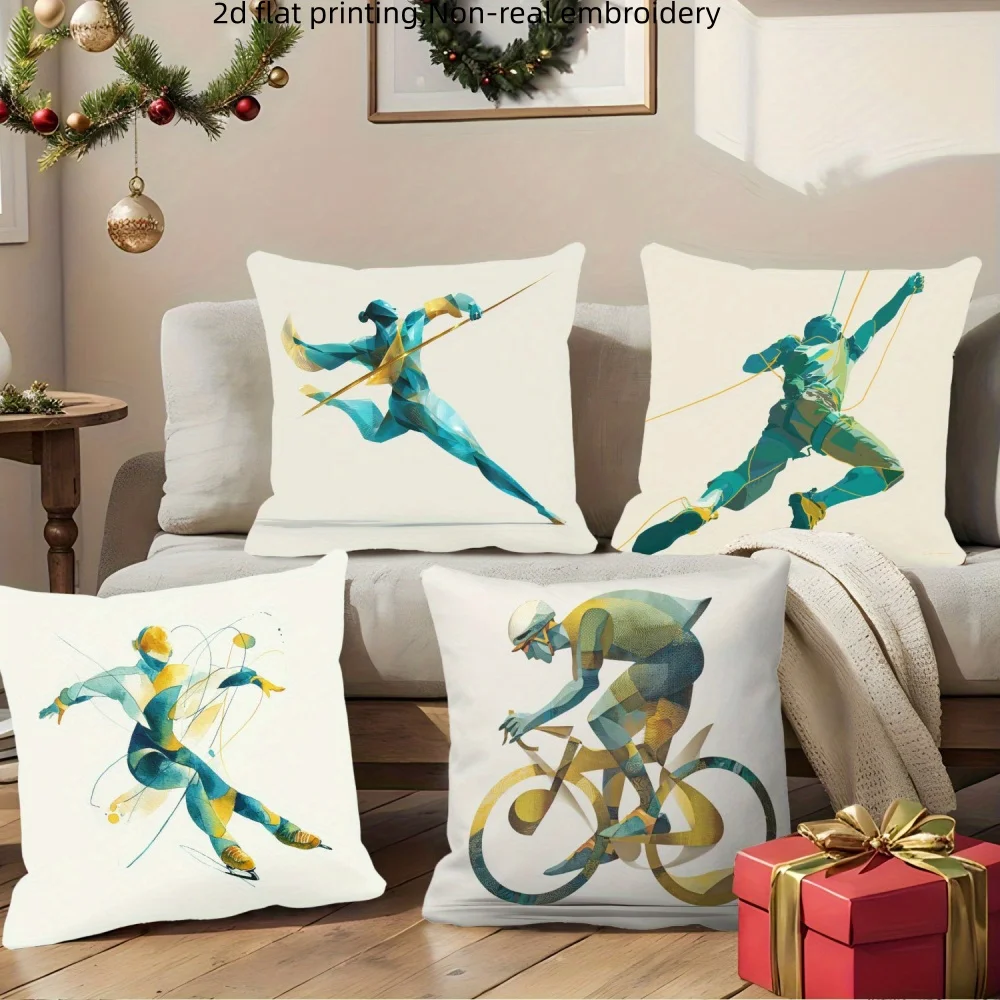 Geometric Sports Athlete Throw Pillow Covers, Javelin Climbing Skating Cycling Print Cushion Cases Decor for Bedroom Living Room
