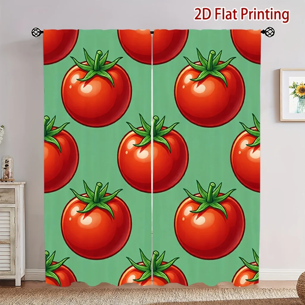 Red Tomato Print Curtains, Green Vegetable Pattern Window Drapes Farmhouse Kitchen Decor, Blackout Fabric for Dining Room Living