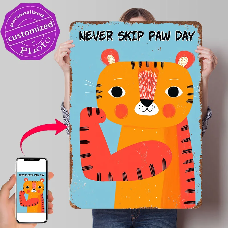 Tiger Flexing Bicep Office Decor Room Never Skip Paw Day Poster Retro 3D Printed Metal Signs Customized Wall Hanging Gift for