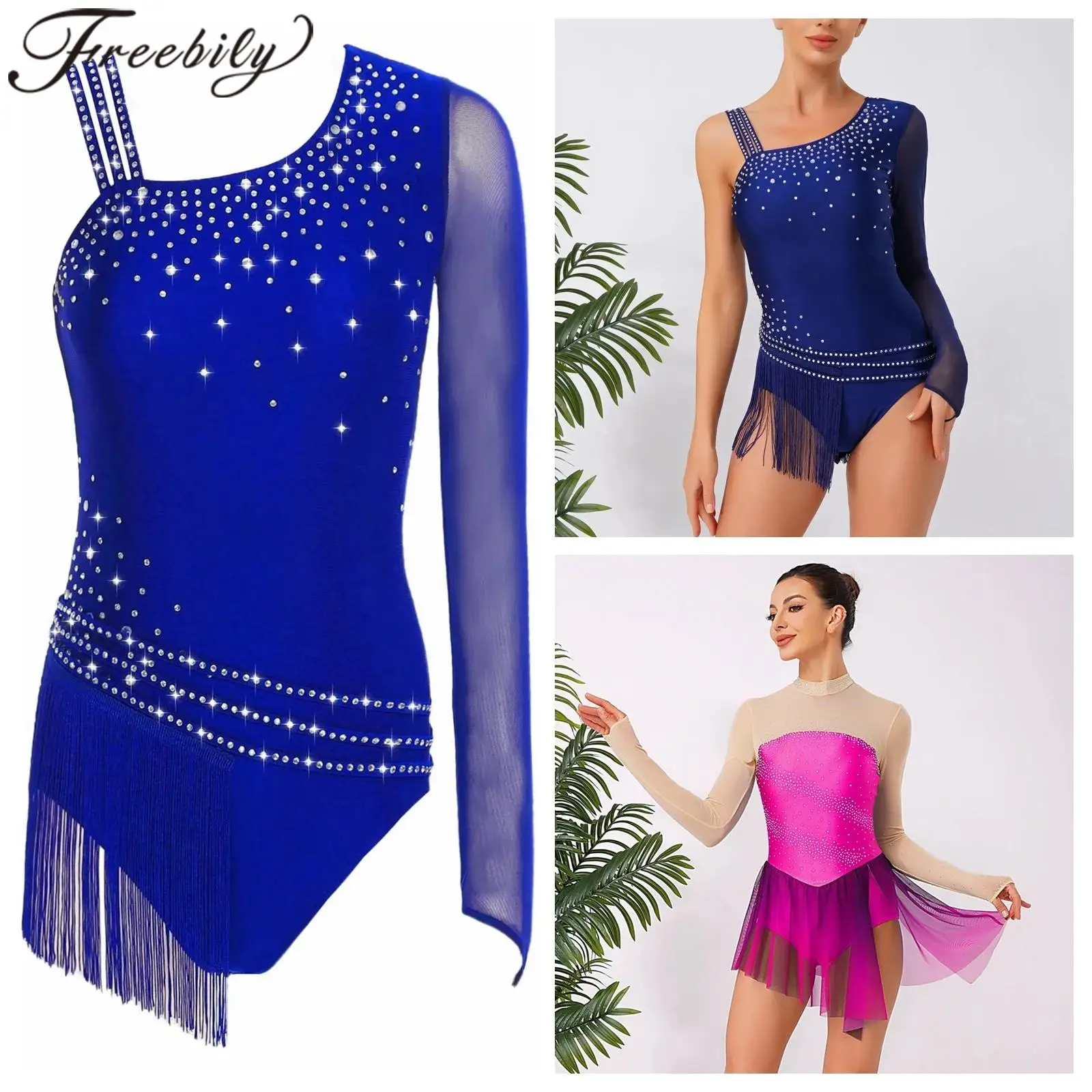 Womens Rhinestone Figure Ice Skating Dress Sheer Mesh Latin Ballet Leotard Contemporary Lyrical Dance Performance Costumes