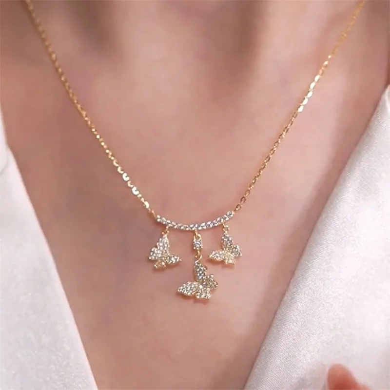 Micro-set Zircon Butterfly Necklace For Lady Jewelry Grade S925 Clavicle Chain three Necklace Women Temperament Fashion Gift