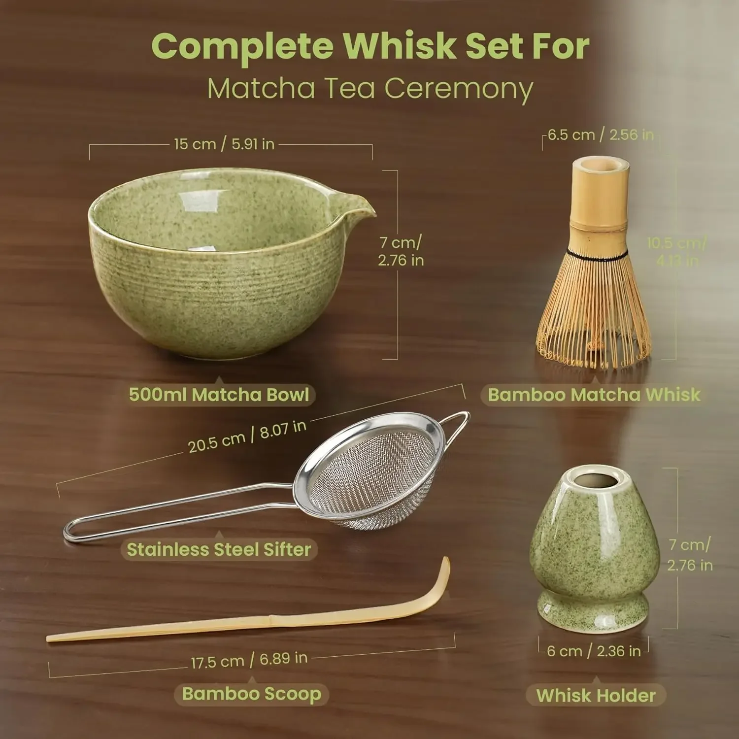 Matcha Whisk Set 7PCS with Ceramic Bowl Bamboo Chasen Stainless Sifter Scoop Holder for Matcha Lovers