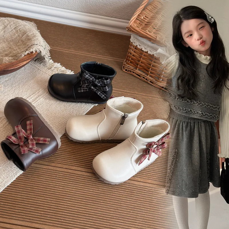 Autumn Winter Plaid Bow Little Girl Short Boots Velvet Children's Solid Color Trendy Leather Boots Children's Boots