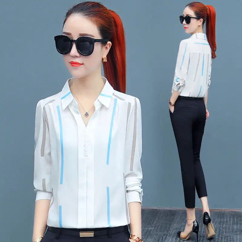 2024Spring and Autumn Women\'s New Korean V-neck Button Striped Chiffon Shirt Fashion Commuter Long Sleeve Loose Versatile Top