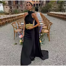Backless Dress Satin Halter Off Shoulder Party Gown for Women - Black