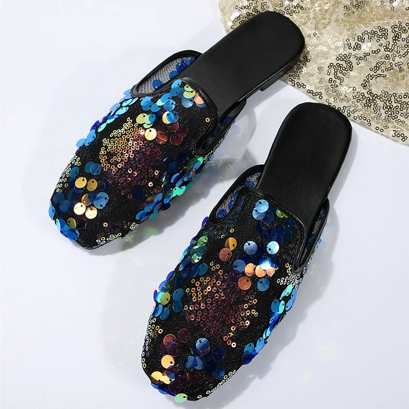 Damskie Bling Flats Mules buty letnie kwadratowe noski przytulne pantofle casualowe nowa 2024 sukienka chodząca pantofle klapki Mujer Zapatos