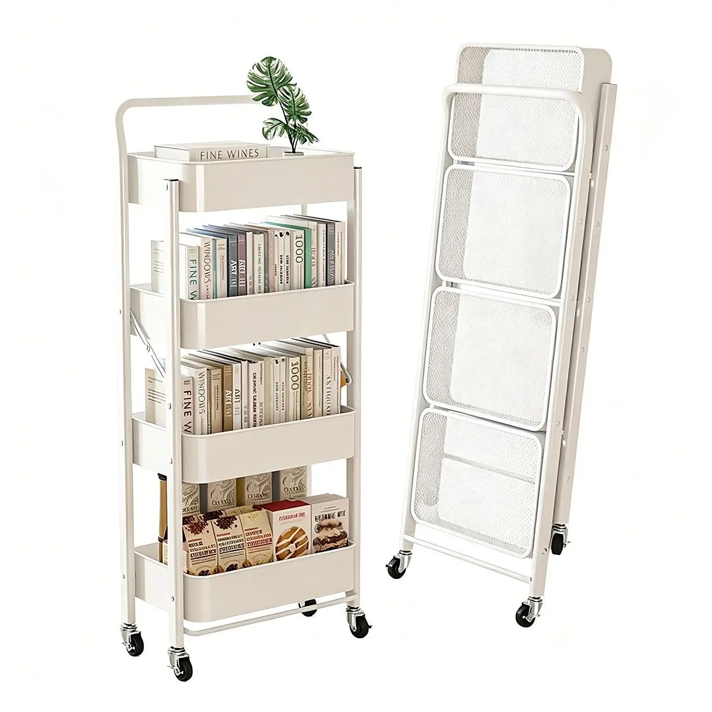Foldable Rolling Kitchen Trolley 4 Tier White Metal Mesh Storage Cart With Wheels Mobile Utility Organizer For Home Bathroom