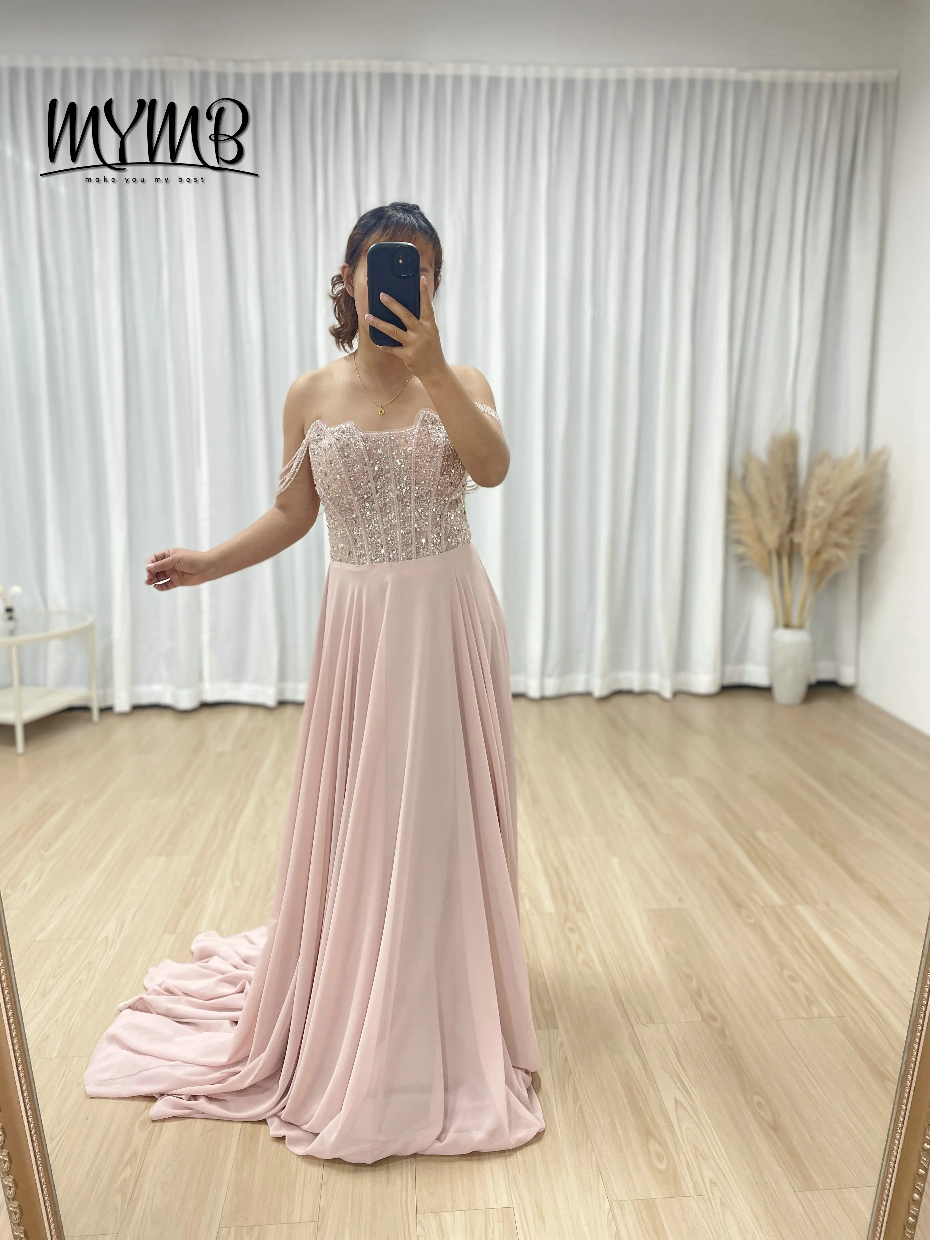 

MYMB Simple High End pink Evening Dress Sequins Beading Design Fashionable Chiffon Off Shoulder Dress Sexy Evening Dress MB40310