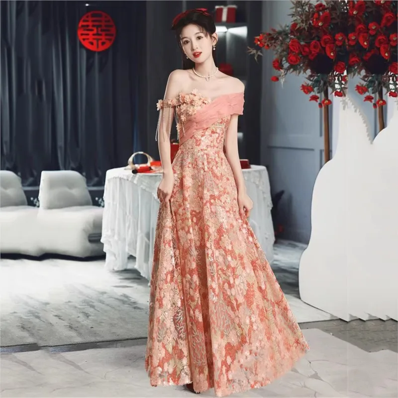 

New Chinese Toast Dress Coral Pink Sense Skirt Female Niche off-Shoulder