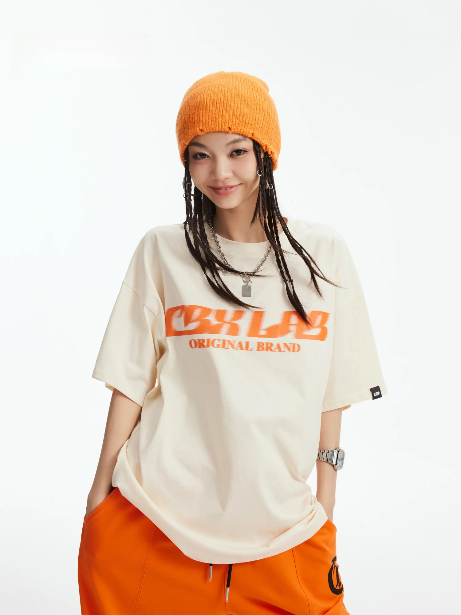 

CBXLAB Street Dance Trend Brand Холодный абрикос-оранжевый принт в стиле хип-хоп Oversize Женский уличный спортивный топ из хлопка с круглым...