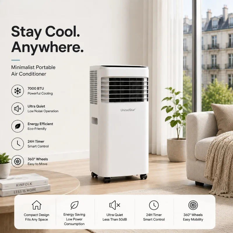 7000BTU Portable Mobile Air Conditioner, Energy Saving Cooling Unit, No Installation Needed For Household Tent Office Use