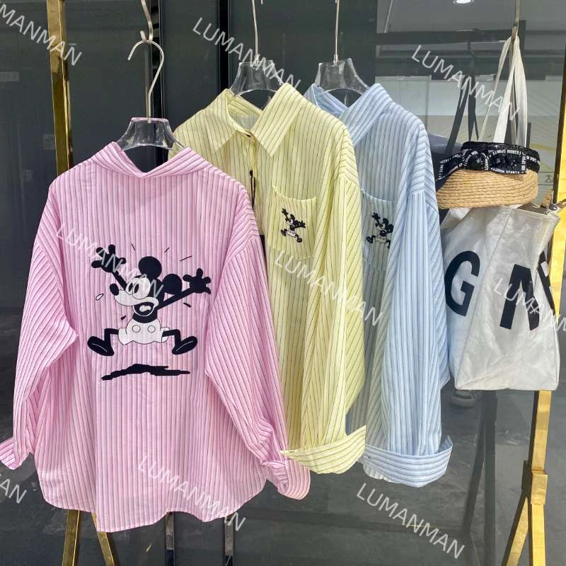 خريف جديد Y2k التلبيب قميص طويل الأكمام المرأة فضفاضة ورقيقة مخطط أعلى واحدة الصدر الوردي الأزرق اللون بلوزة غير رسمية السيدات