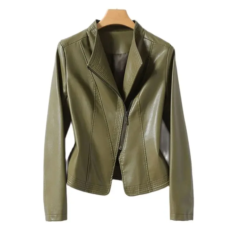 2025 automne hiver veste en peau de mouton femmes manteau court mince fermeture éclair inclinée décontracté hauts dame petits vêtements d'extérieur en cuir Blazer manteaux