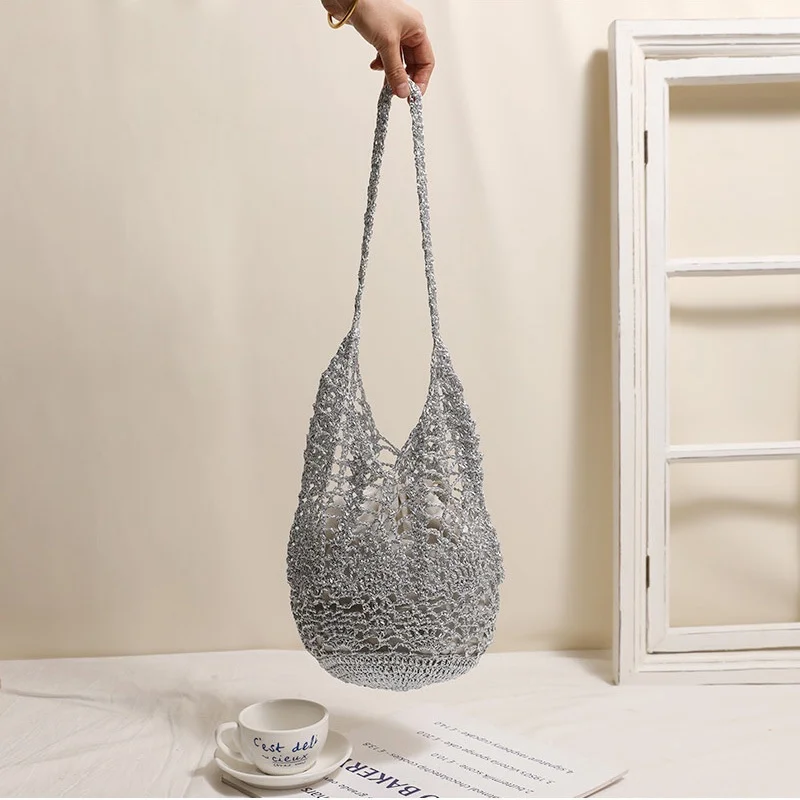 Fashion Golden Thread Grass Woven Bag New Large Capacity Hollow Out Pattern Shoulder Bag Seaside Vacation Style Beach Bag