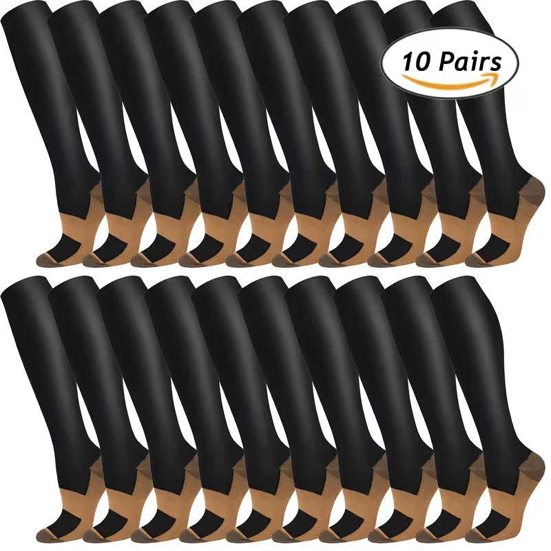 

10 Pairs Unisex Sports Socks, Knee-High Compression Socks (S/M, L/XL), 15-20mmHg Calf Compression Stockings, Ideal for Running, Cycling and Travel