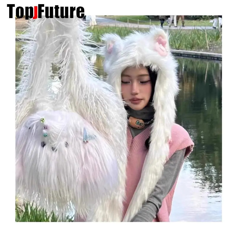 Harajuku Gothic Cute Furry Plush Faux Fur Cat Ear Hat Y2k Punk Women Winter streetwear Ear Protection Warm Beanie Hats Scarves