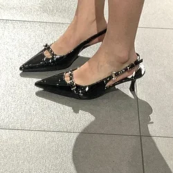 2024 New Temperament Black Pointy Kitten with Fine Heel One-line Buckle Buckle Female Summer Sandals