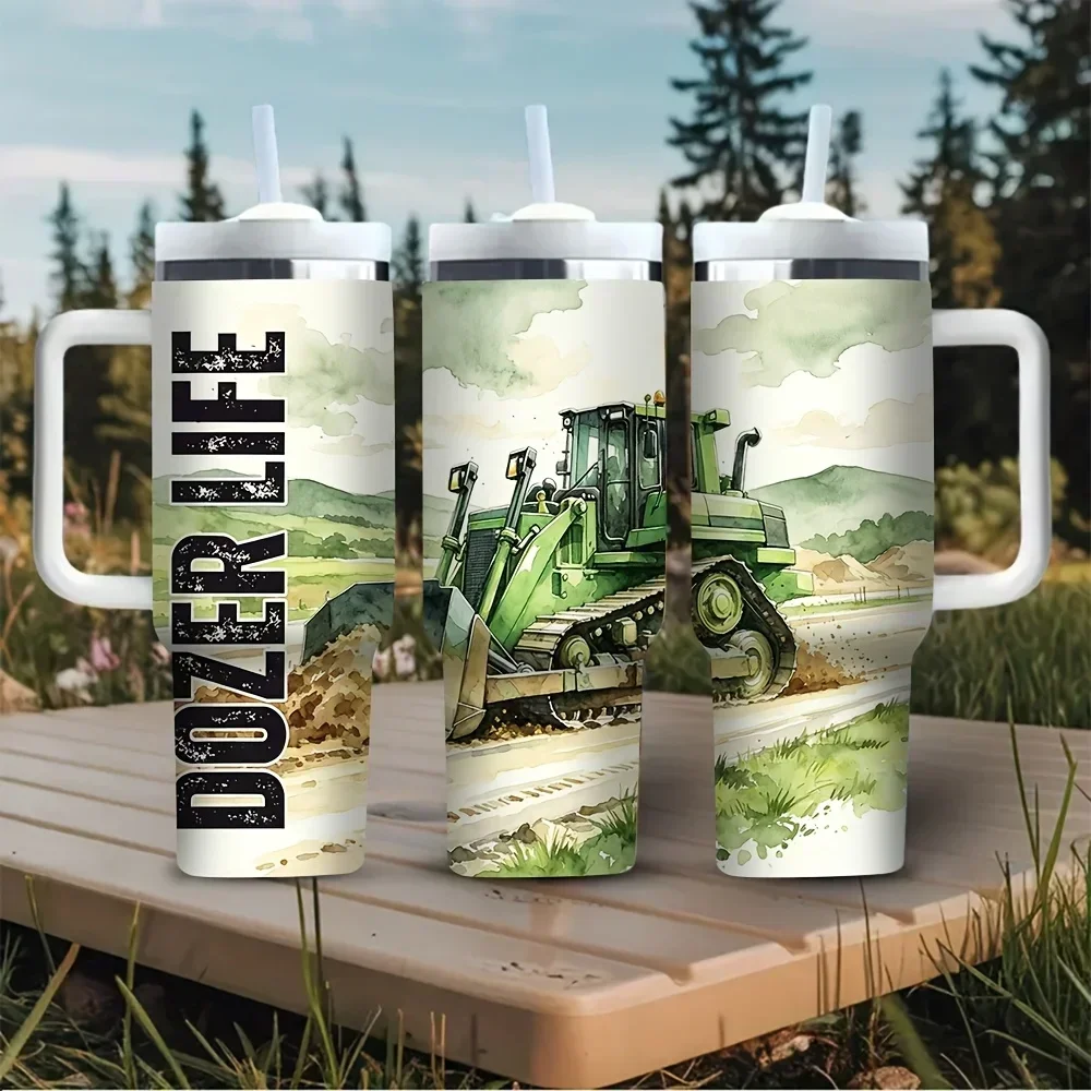 40oz Tumbler with Dozer Life Green Bulldozer Print, Equipped with Convenient Handle, Suitable for Construction Vehicle Lovers, Works for Both Hot And Cold Drinks, Great for Daily Use And Outdoor Activities