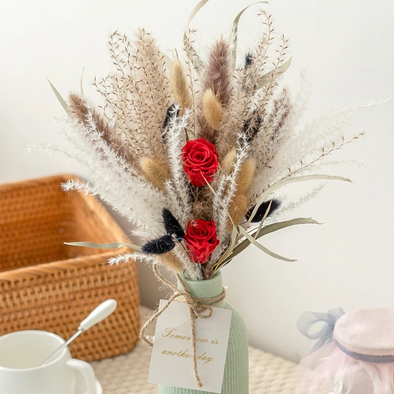 

Dried Pampas Grass Decoration Flower Rose Bouquet DIY Home Wedding Party Decor Festival Ceremony Flores Preservadas Eternelle