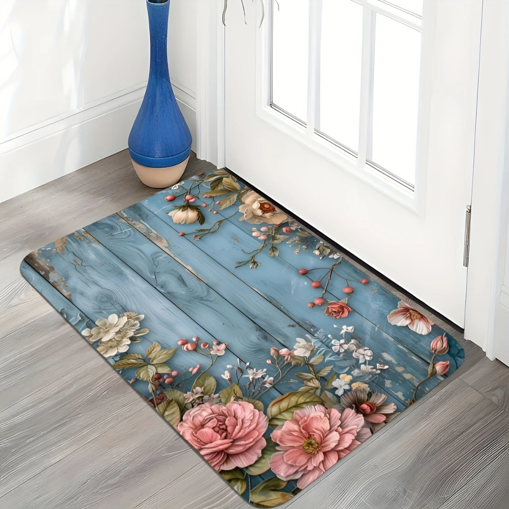 Blue Floral Wooden Plank print door mat foyer indoor space living room Entry welcome mat Daily use Housewarming Gift