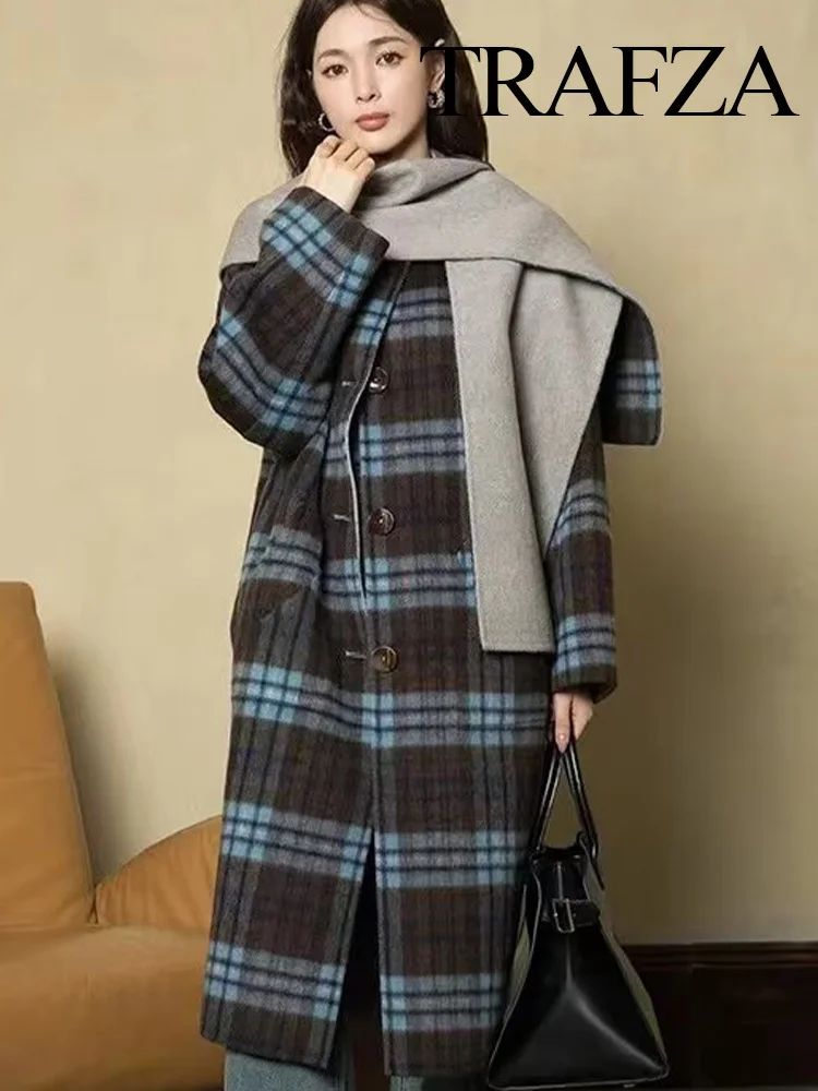 TRAFZA Women Winter Fashion Coats Plaid Round Collar Long Sleeves Pockets Single Breasted With Scarf Female Long Slim Coats