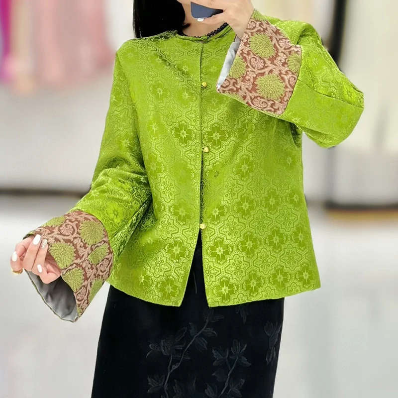 High End Autumn And Winter New Exclusive Women's Silk Song Brocade Spliced Cuffs Chinese Style Single Breasted Jacket S-XL