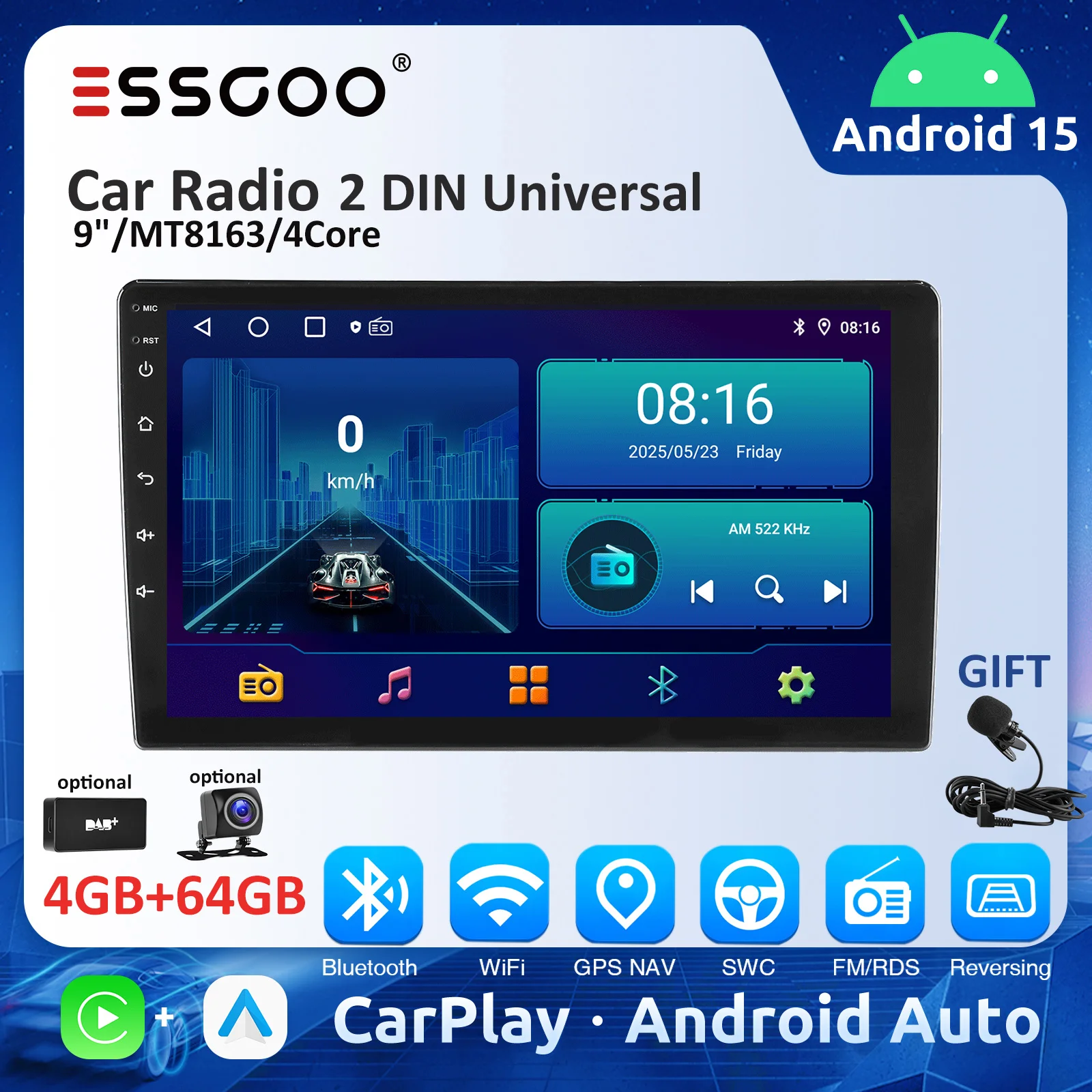 ESSGOO 9" Car Radio MT8163 Carplay Android Auto Android 4GB 64GB Universal Multimedia Player GPS RDS Autoradio Stereo NO AM