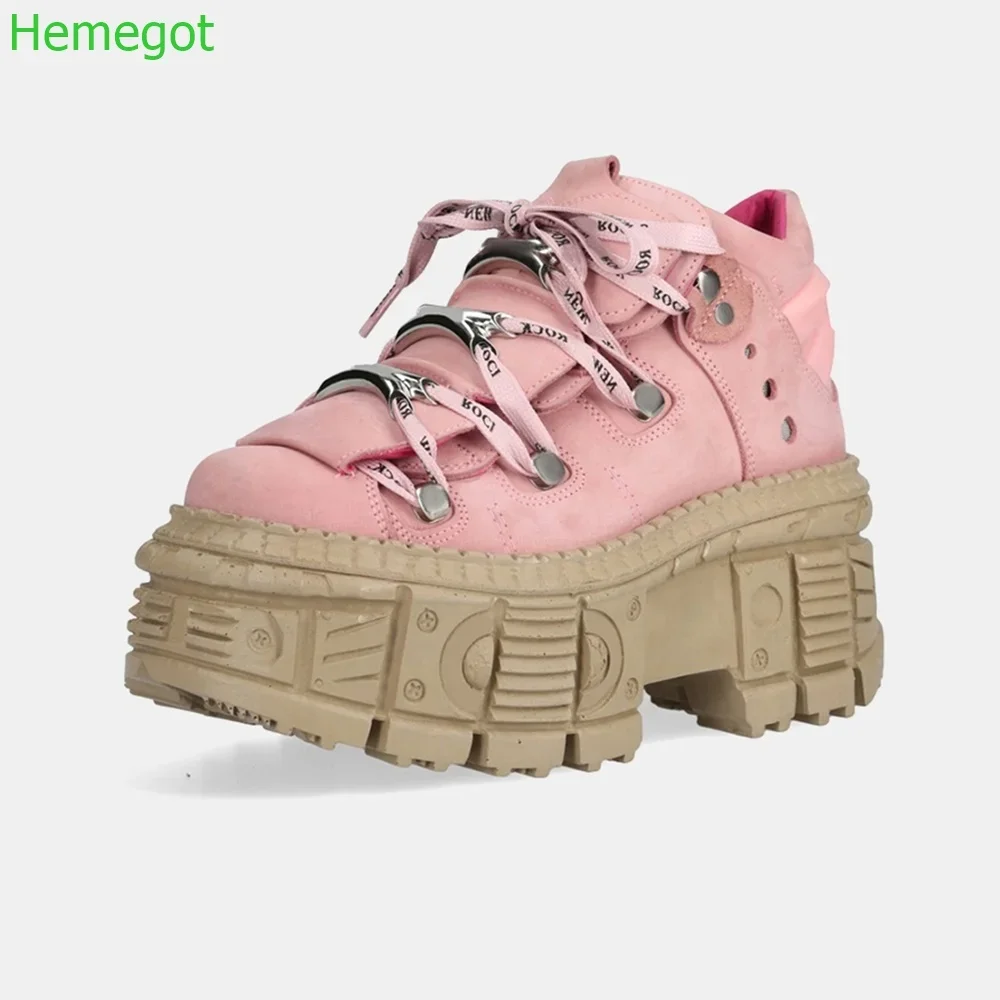 Punk Metal Rivet Short Boots Round Thick Sole Fashion Boots 2024 Spring New Pink Street Style Lace Up Casual Women Ankle Shoes