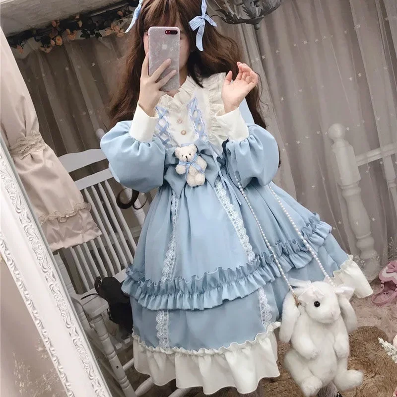 Lolita Dress Women Kawaii Bow Bear Lace Blue Dress Long Sleeve Princess Dress Halloween Costume Gift For Girls New