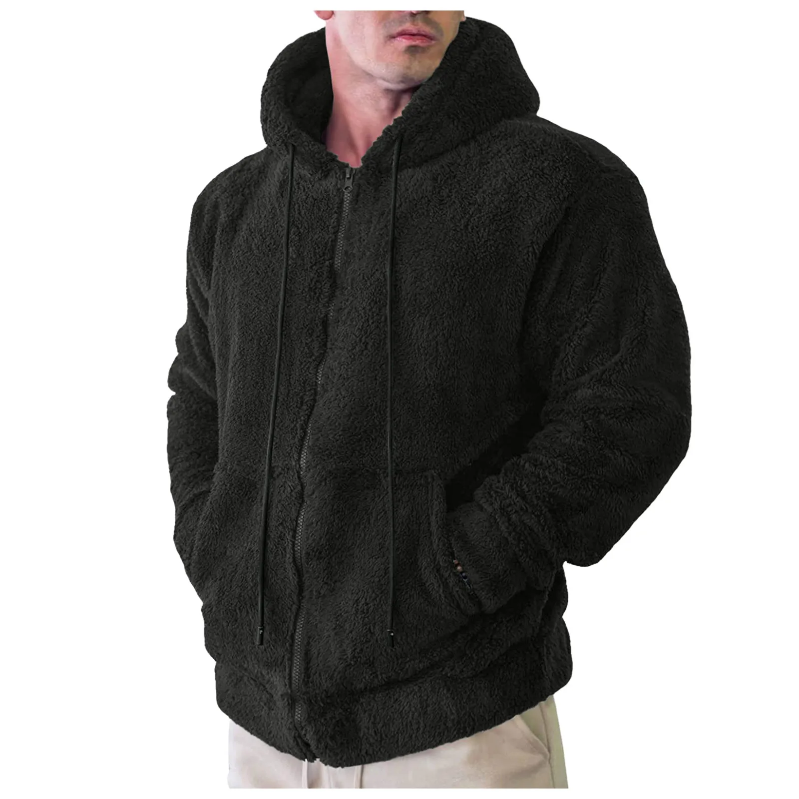 Men's Hoodie Zip Fleece Sweatshirt Winter Solid Color Long Sleeve Warm Pocket Fashion Jacket Zip Double Sided Plush Jacket кофта