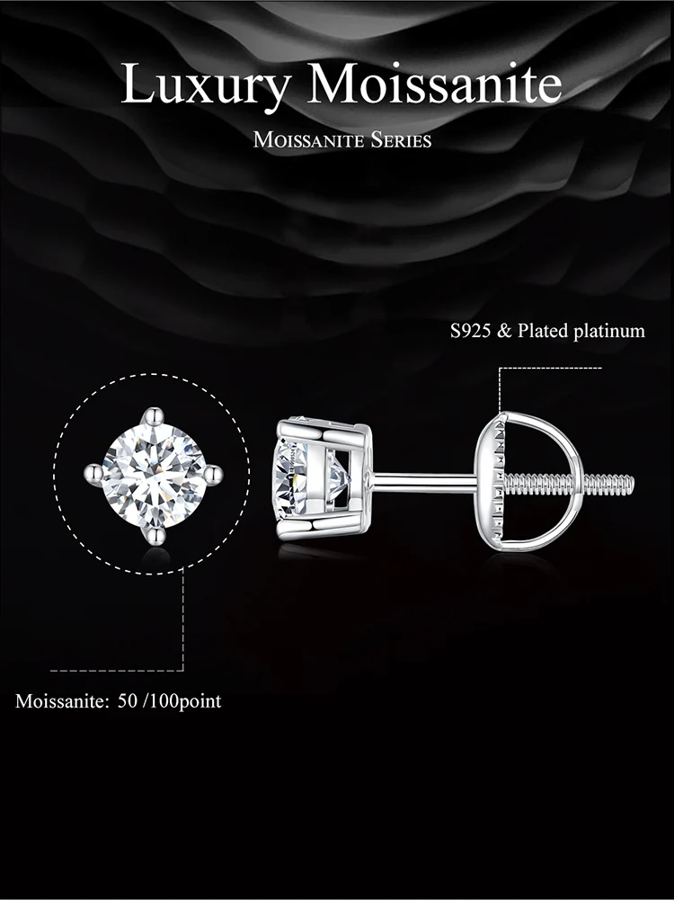 Bamoer 0.5-1ct Moissanite Screw Back Earrings for Women, D Color VVS1 Clarity Lab Created Diamond Earring White Gold Earrings