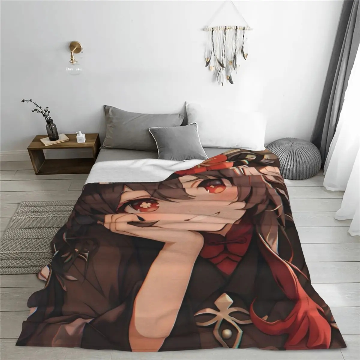 Genshin Impact Hu Tao Blankets Anime Game Cartoon Flannel Vintage Warm Throw Blanket for Coverlet Autumn/Winter Office