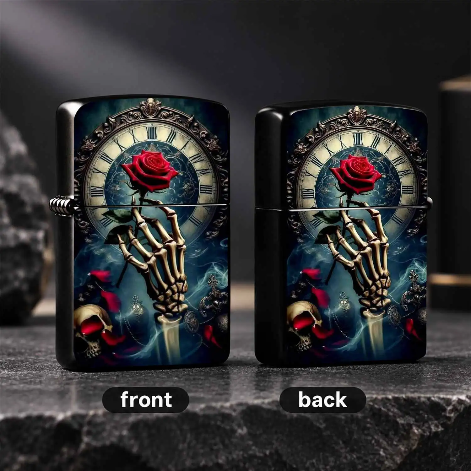 Gothic Skeleton Hand Holding Red Rose Decorative Lighter, Retro Vintage Large Clock Art Print, Cool Stylish Portable Accessory, Unique Atmospheric Ornament, Special Meaningful Gift For Loved Ones, Suitable For All Kinds Of Daily Occasions A