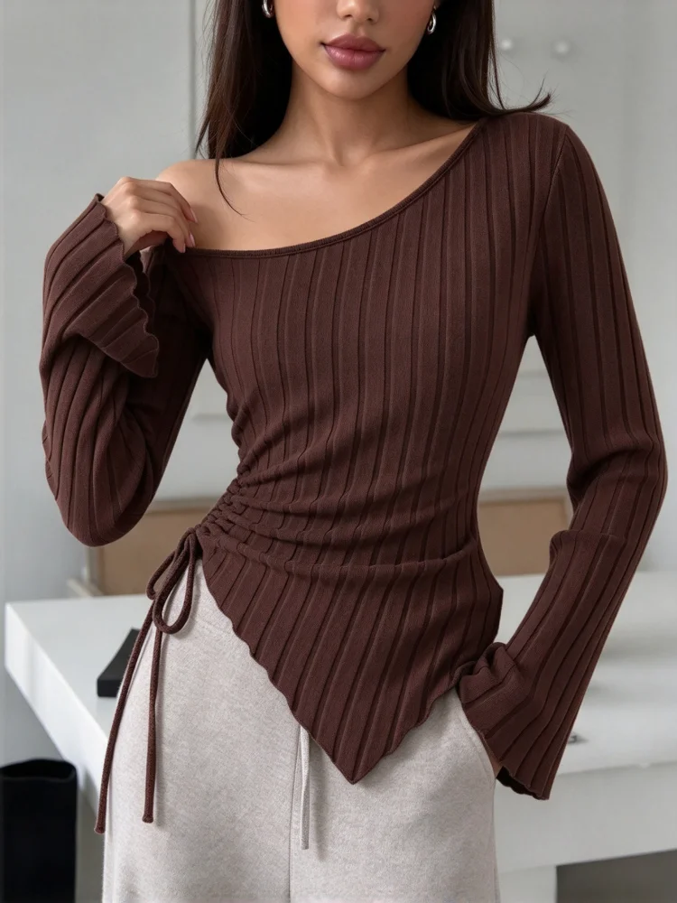 Chic 2026 New Fashion Sexy Flare Sleeve Knit T-shirts Office Lady Slim Chic Long Sleeve Tops Spring Autumn Solid Color Tees