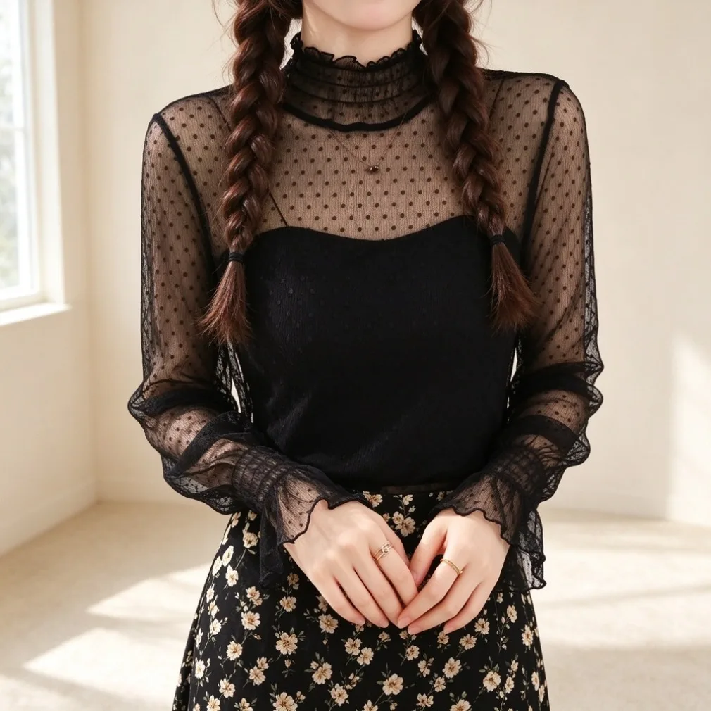 Inner Top Women Home Loungewear Cozy Relax Slow Weekend Morning Bedroom Almond Lace Trim High Neck Long Sleeve Sheer Mesh Doll