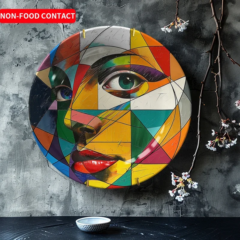 

1 шт. Современная абстрактная тарелка с портретом женщины - безопасная для пищевых продуктов керамическая настенная декоративная тарелка с выразительными чертами лица, яркими цветами