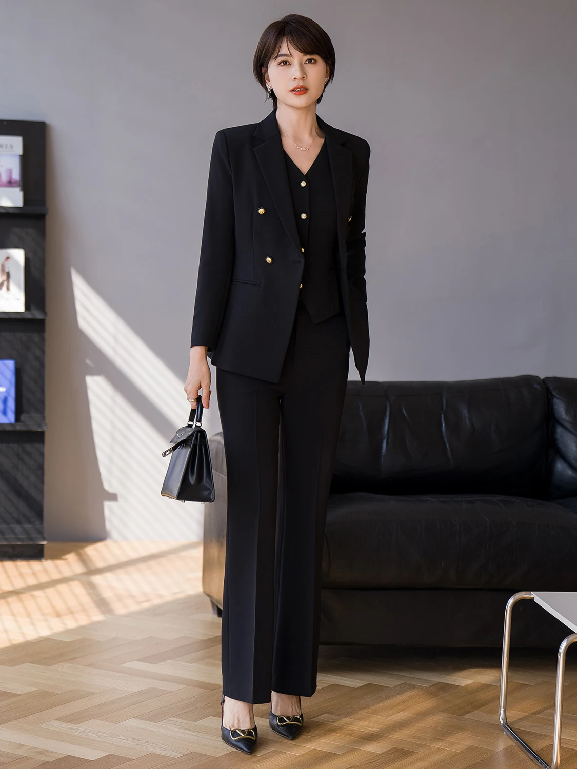 

Женский деловой костюм Ele Busin Qiang Feifei: профессиональная униформа для работы, стройнящая фигуру, с длинными рукавами и брюками, из полиэстера и спандекса