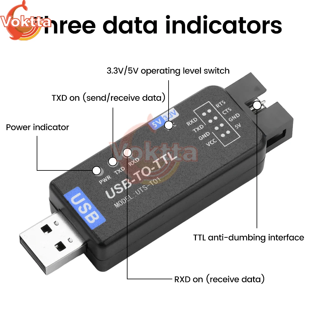 USB to TTL Serial Converter Debugging and Downloading Module Chip CH343G USB-A Interface Voltage Detection Indicator Lights