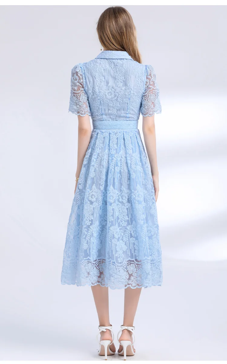 高品質ソリッドメッシュ刺繍スリムミディ丈ワンピース レディース ヴィンテージラペル半袖ラグジュアリービーズロングドレス ベルト付き