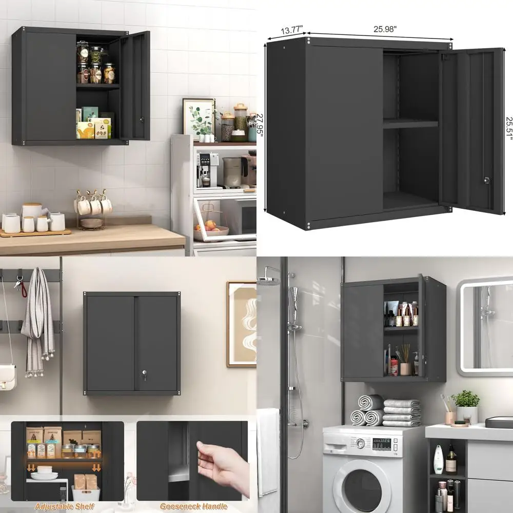 

Black Metal Wall-Mounted Cabinet with Adjustable Shelves and Lock for Garage, Pantry, and Utility Rooms