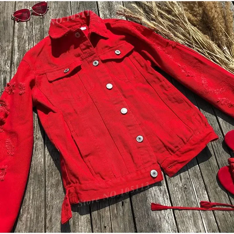 Plus Size Loose Ripped Black Denim Jacket Women 4XL 5XL Spring Streetwear Pink Red Basic Lover\'S Jeans Coat Casual Outwear