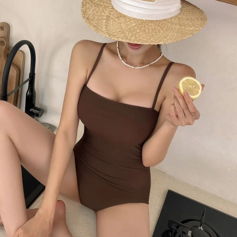 Sexy One Piece Solid Swimsuit with Cover Up Bathing Suit Women Swimwear Monokini Bandeau Bathing Suit Korean Padded Beach Wear