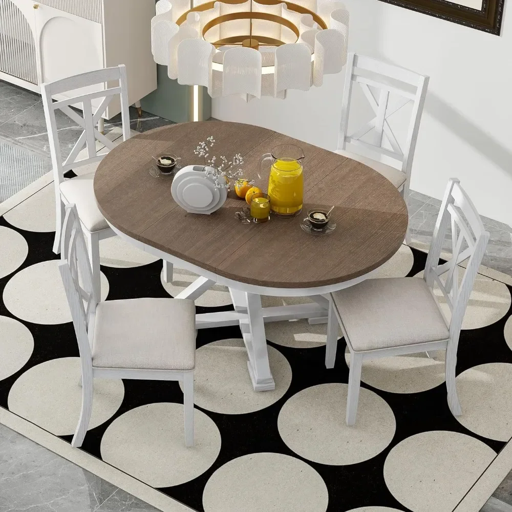 Dining Table Set 5-Piece with Round Table and 4 Upholstered Chairs, W/ 12'' Movable Leaf and Umbrella Bones Shaped Base