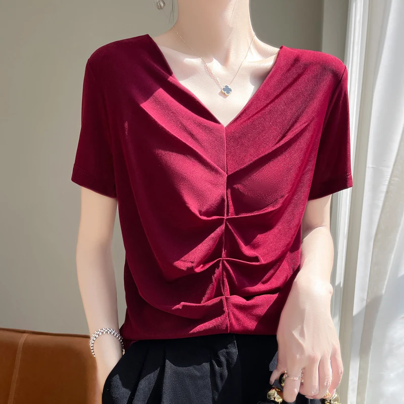 

Spring and summer new knitted acetate fiber satin pleated V-neck shirt for women, solid color, loose fit, slimming short sleeved