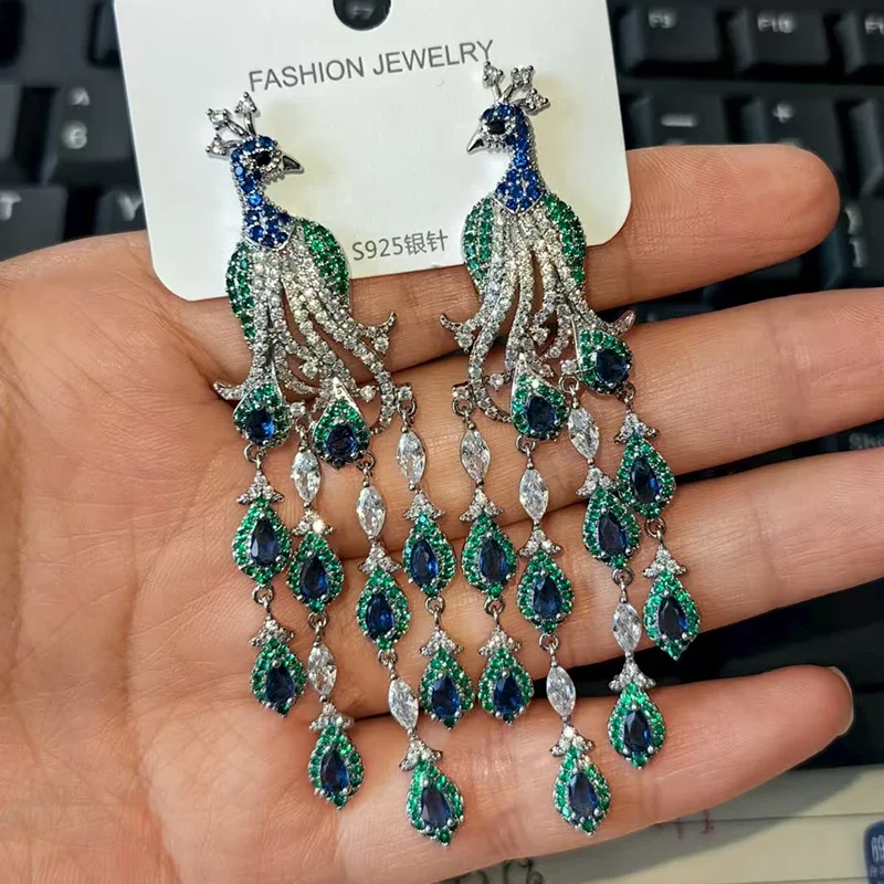 Blue Green Cubic Zirconia Long Tassel Peacock Dangle Earrings Multicolor CZ Statement Earrings for Women Wedding Party Jewelry